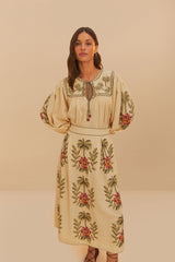 Sand Tropical Flower Embroidered LENZING™ ECOVERO™ Euroflax™ Maxi Skir | FARM Rio Women