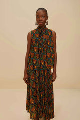 Black Boho Panther Pleated Maxi Skirt | FARM Rio Women