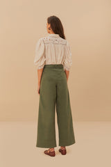 Green Twill Pleated Wide Pants | FARM Rio Women