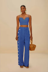 Blue High Waisted Wavy Euroflax™ Premium Linen Pants | FARM Rio Women