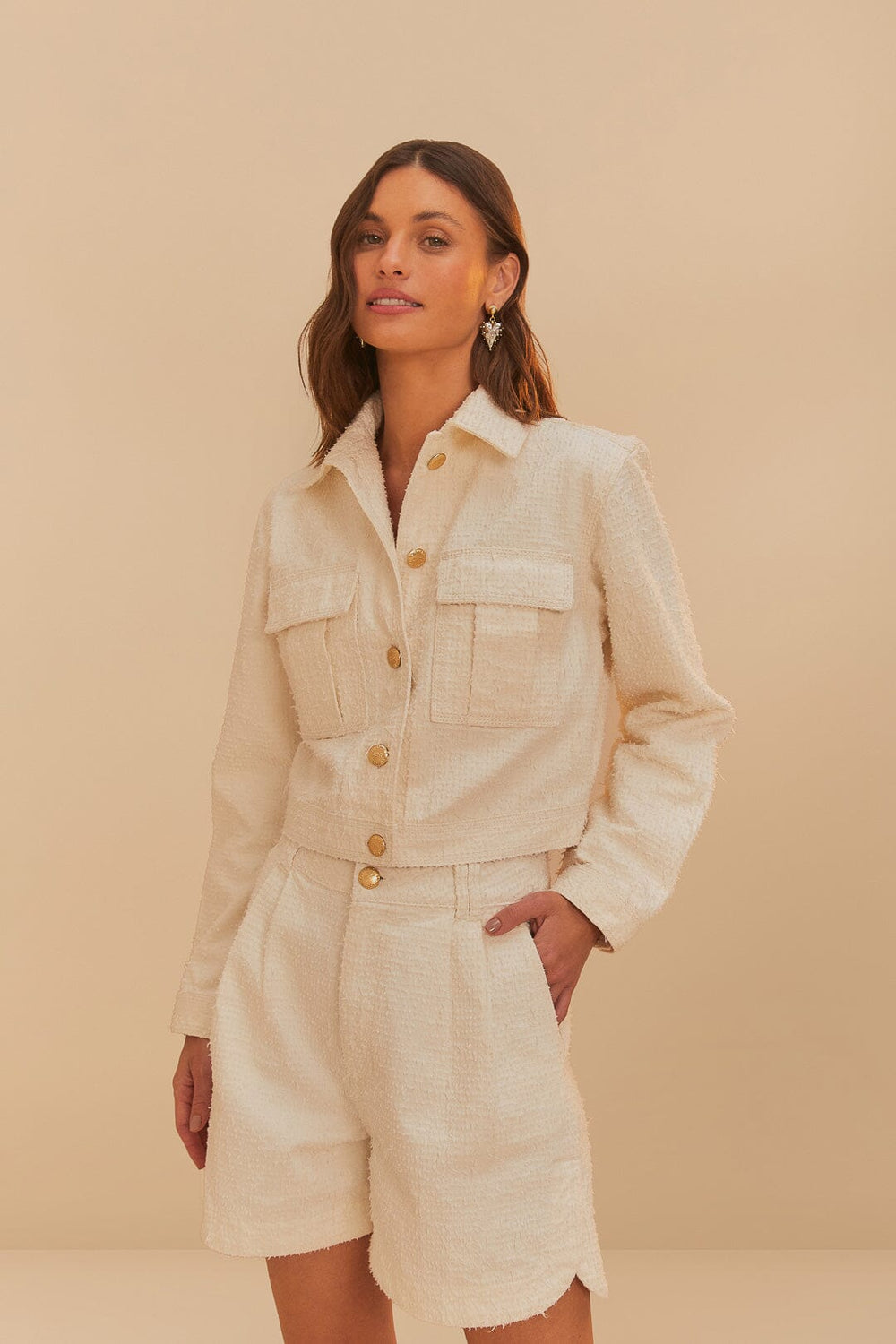 Off-White Twill Laser Pleated Shorts | FARM Rio Women
