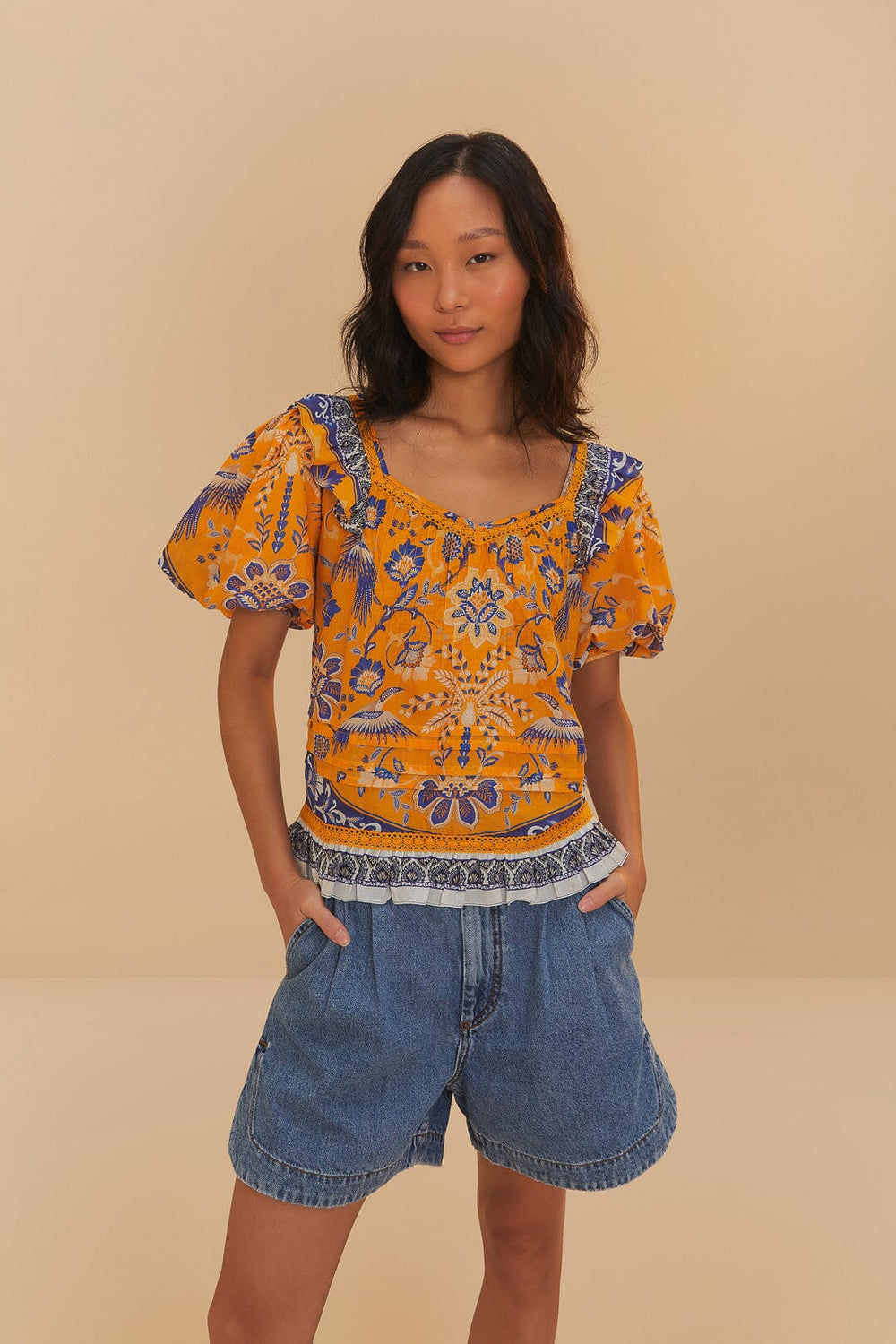 Denim Pleated Shorts | FARM Rio Women