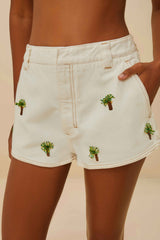Off-White Embroidered Coconut Tree Shorts | FARM Rio Women