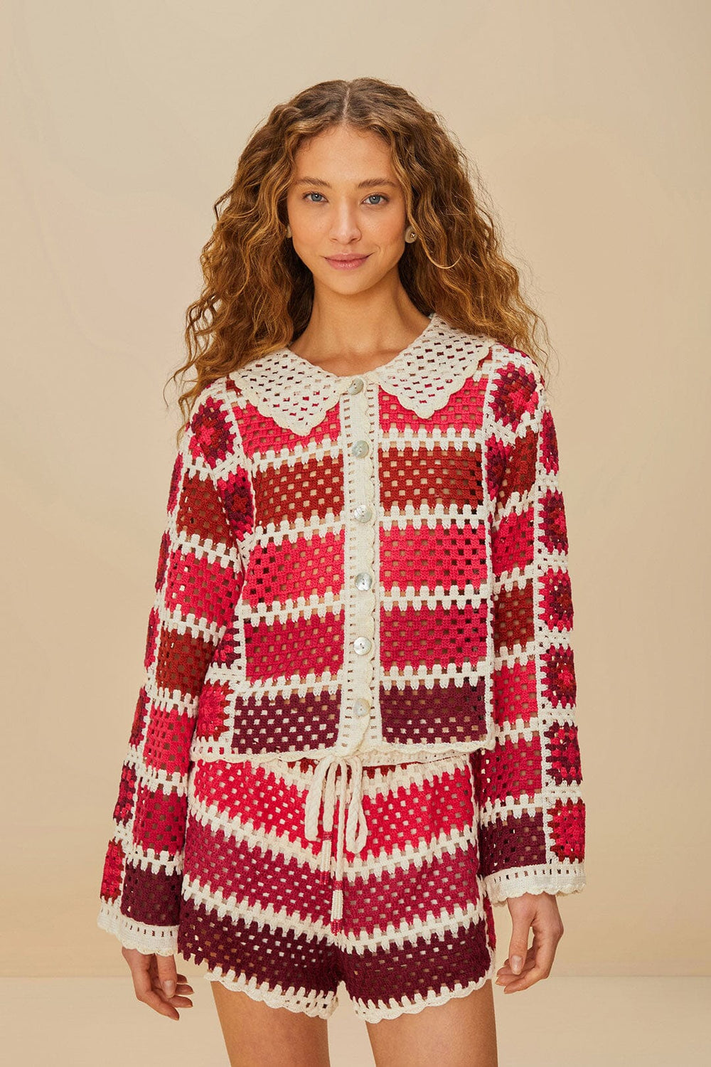 Red Colorful Crochet Tiles Shorts | FARM Rio Women