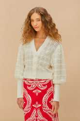 White Lace Stitch Knit Crop Cardigan | FARM Rio Women