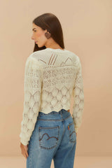 Off-White Mixed Lace Stitch Cardigan | FARM Rio Women