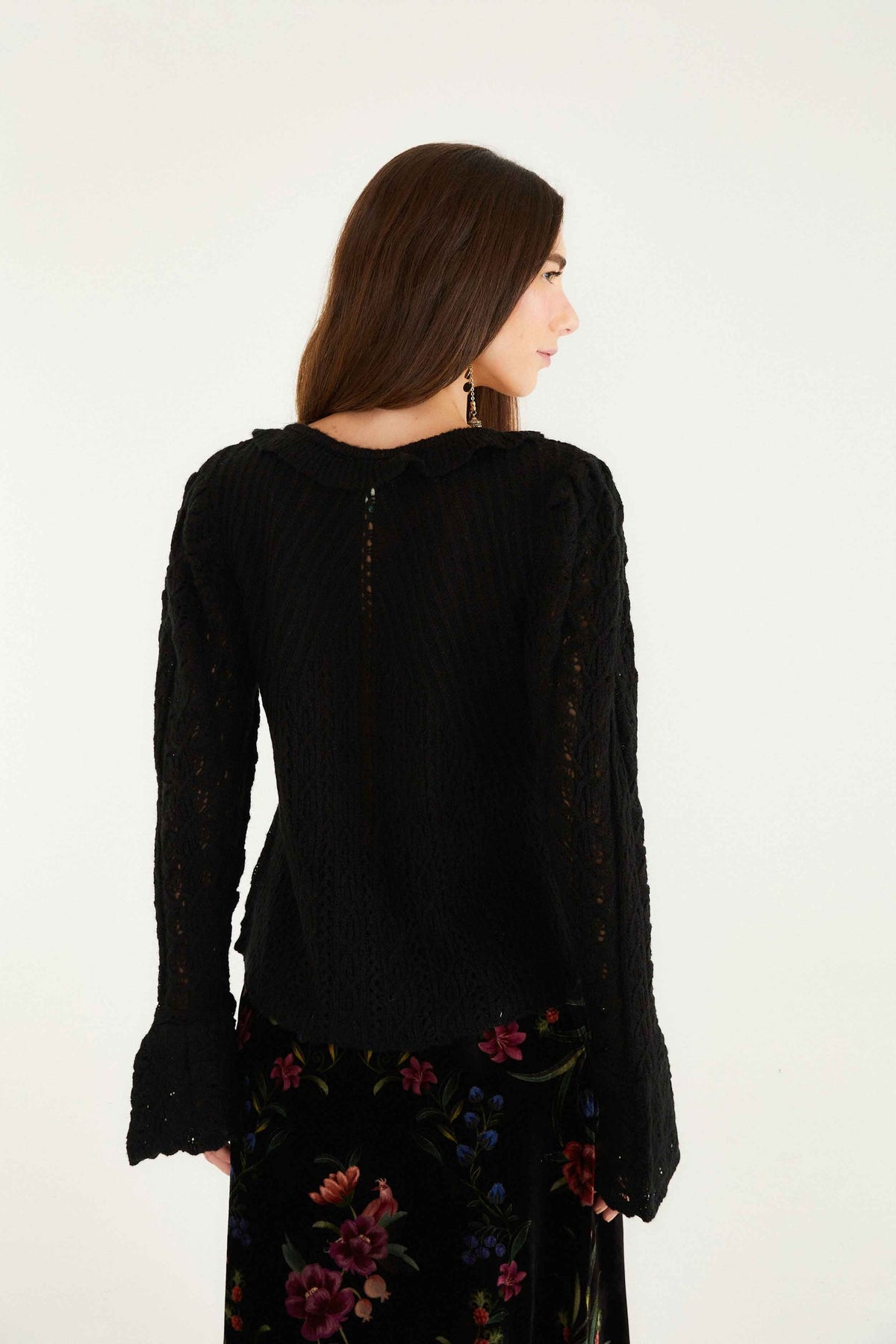 Black Lace Ruffled Knit Cardigan | FARM Rio | FARM Rio Women