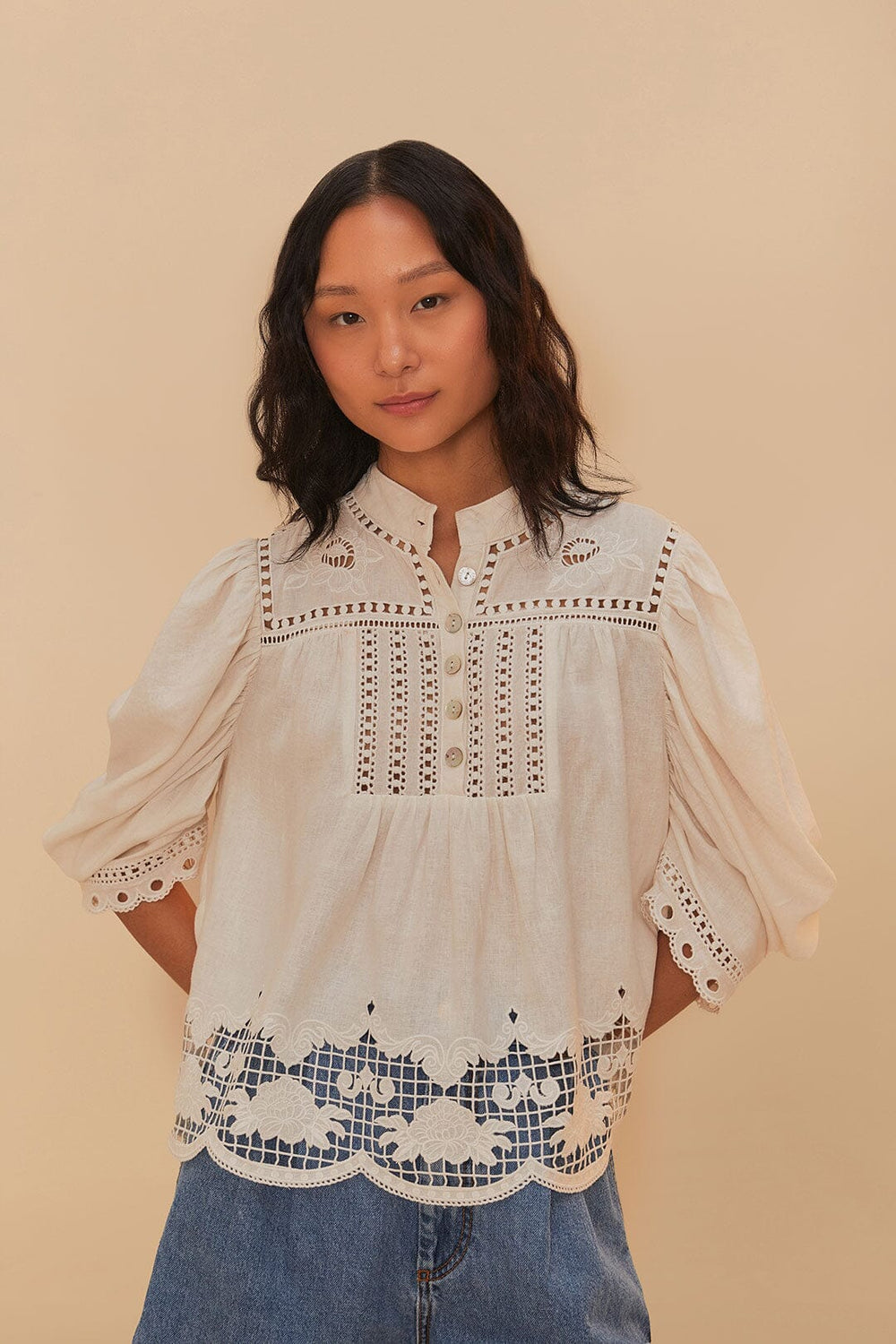 Off-White Romantic Richelieu LENZING™ ECOVERO™ Euroflax™ Blouse | FARM Rio Women