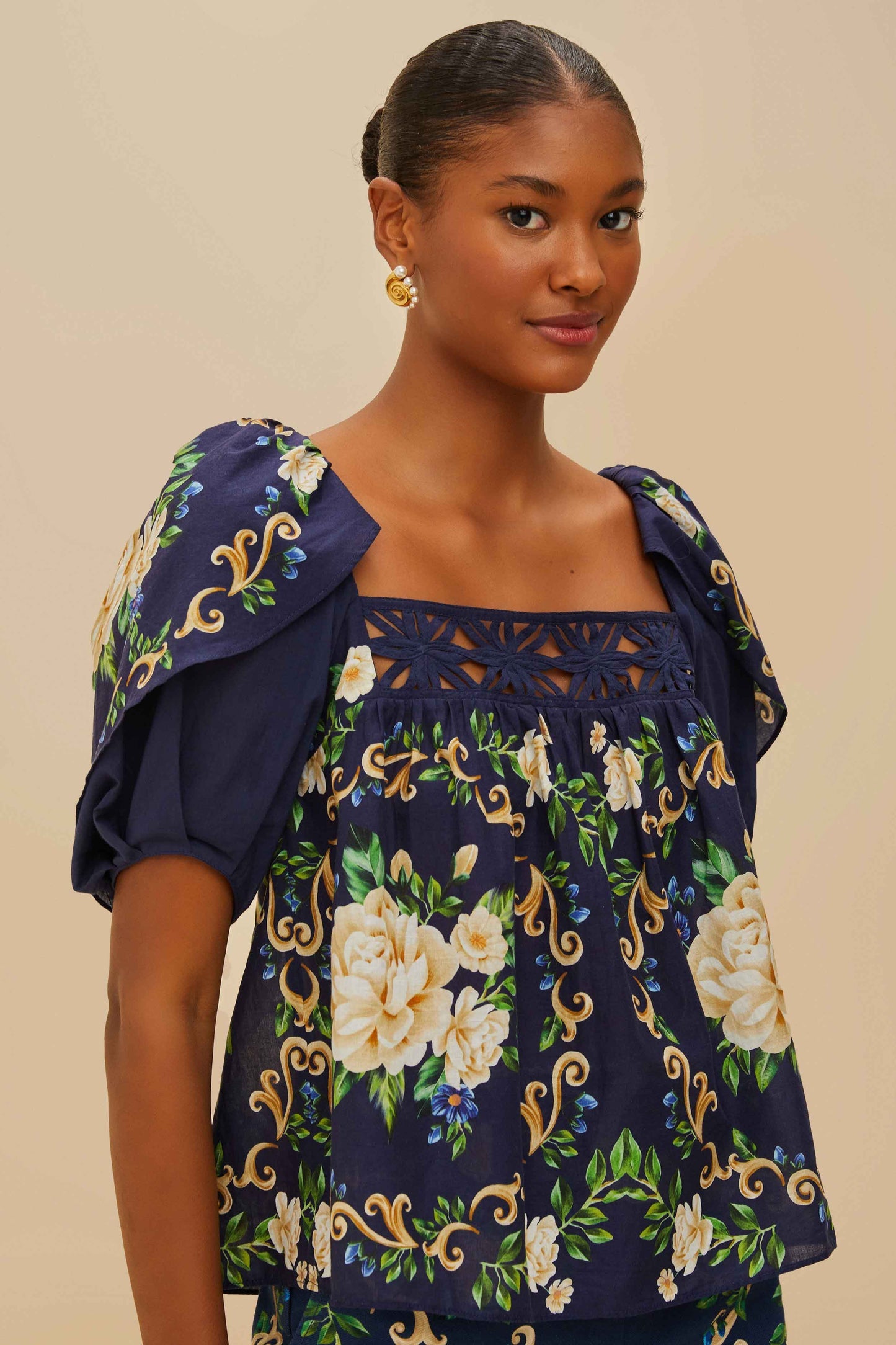 Blue Flower Tapestry Yoke Blouse | FARM Rio Women