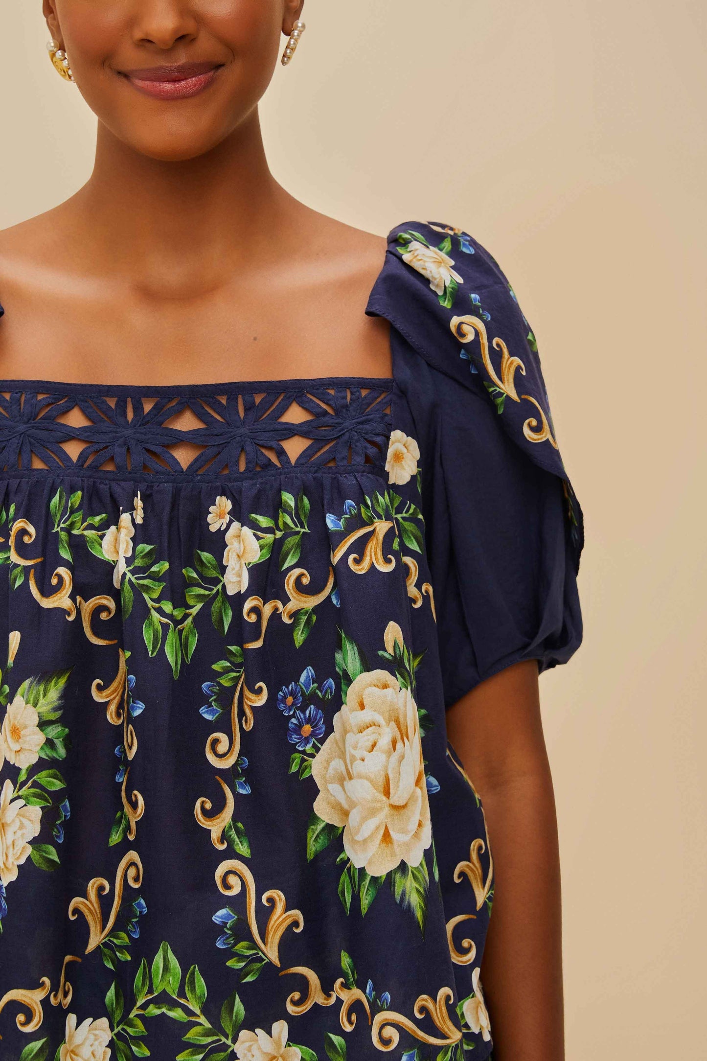 Blue Flower Tapestry Yoke Blouse | FARM Rio Women