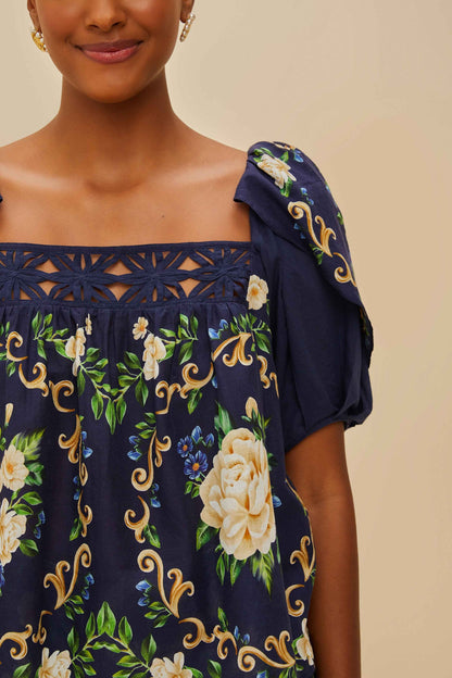 Blue Flower Tapestry Yoke Blouse | FARM Rio Women