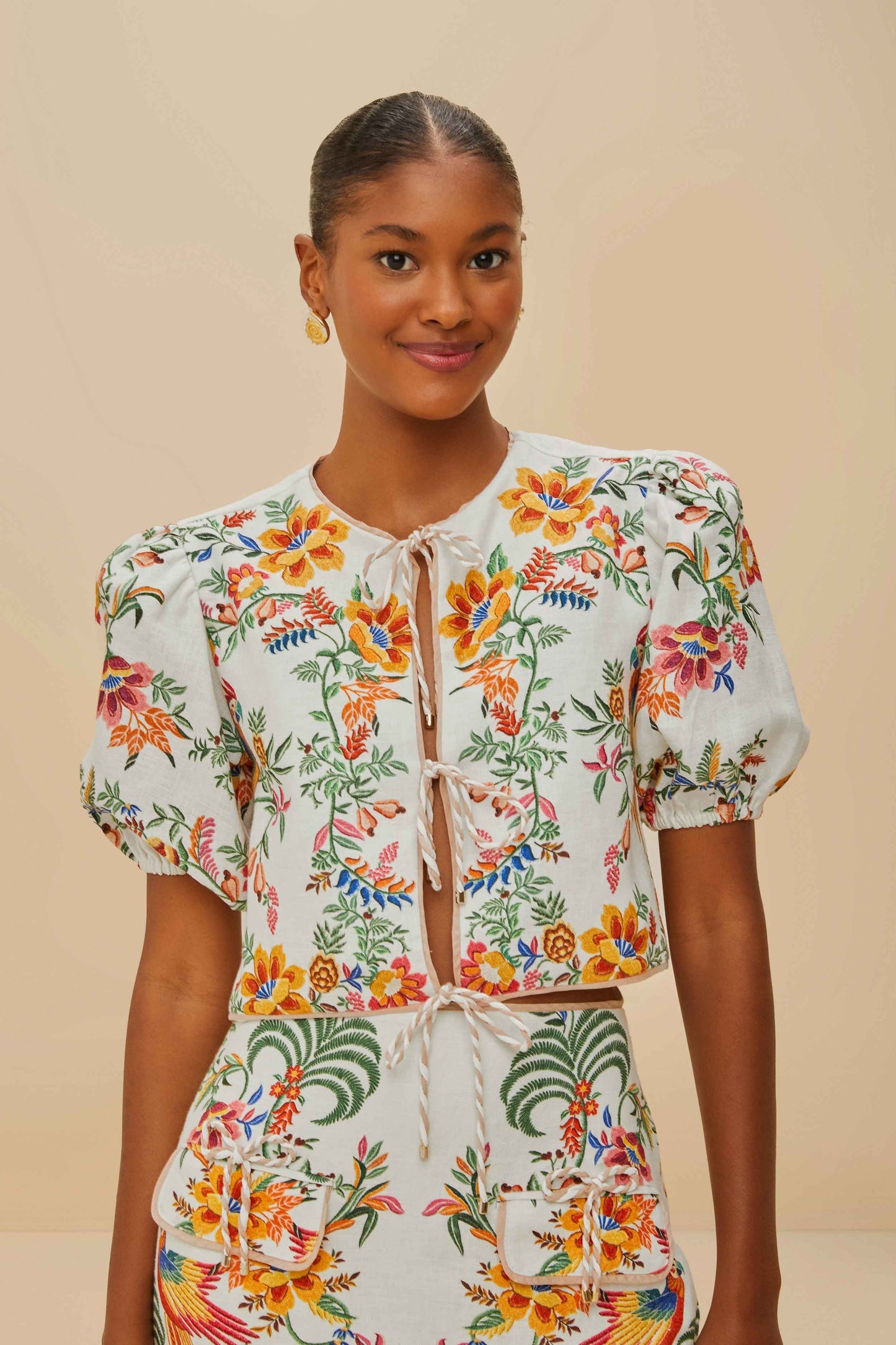 Off-White Delicate Forest Scarves Euroflax™ Premium Linen Blouse | FARM Rio Women