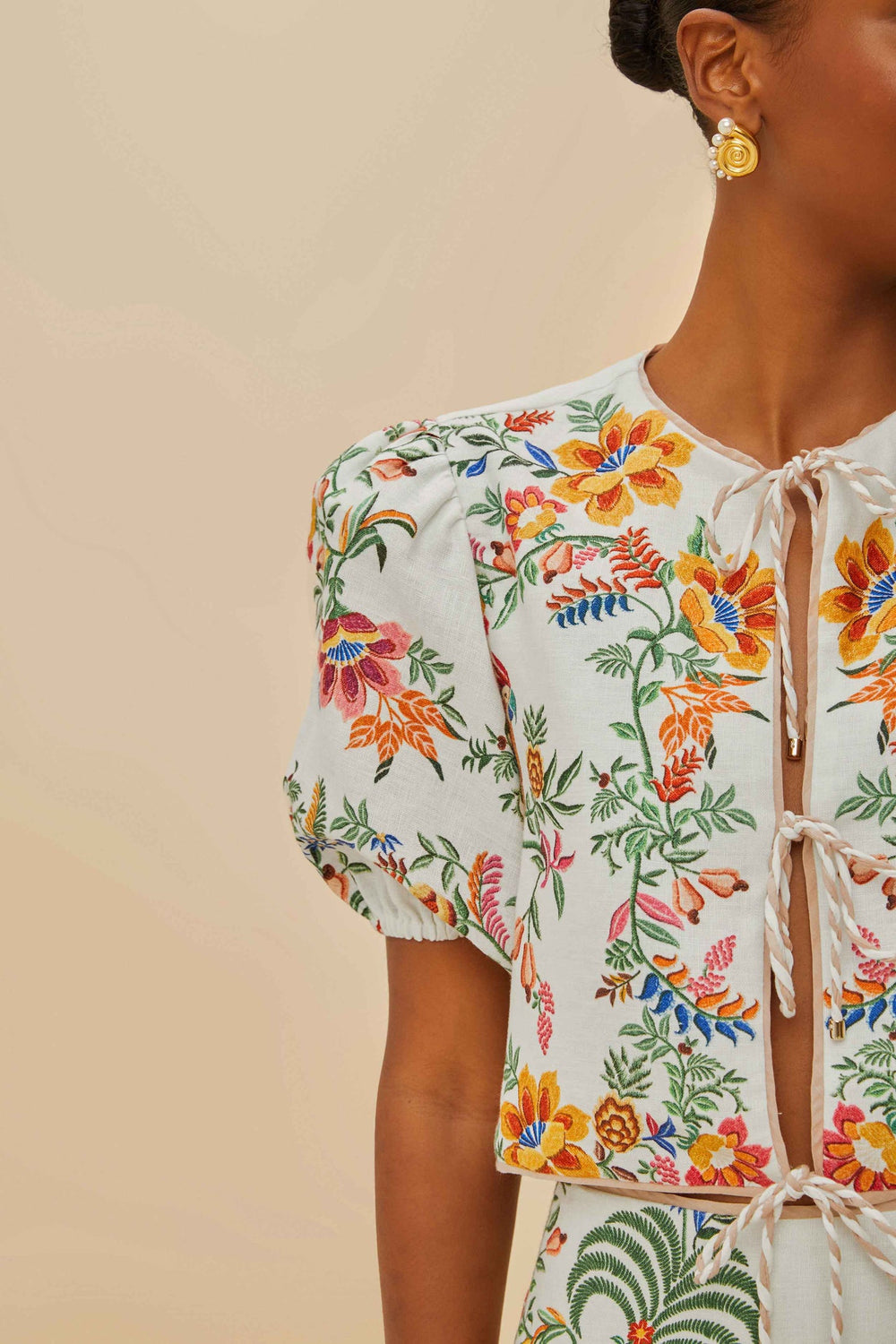 Off-White Delicate Forest Scarves Euroflax™ Premium Linen Blouse | FARM Rio Women