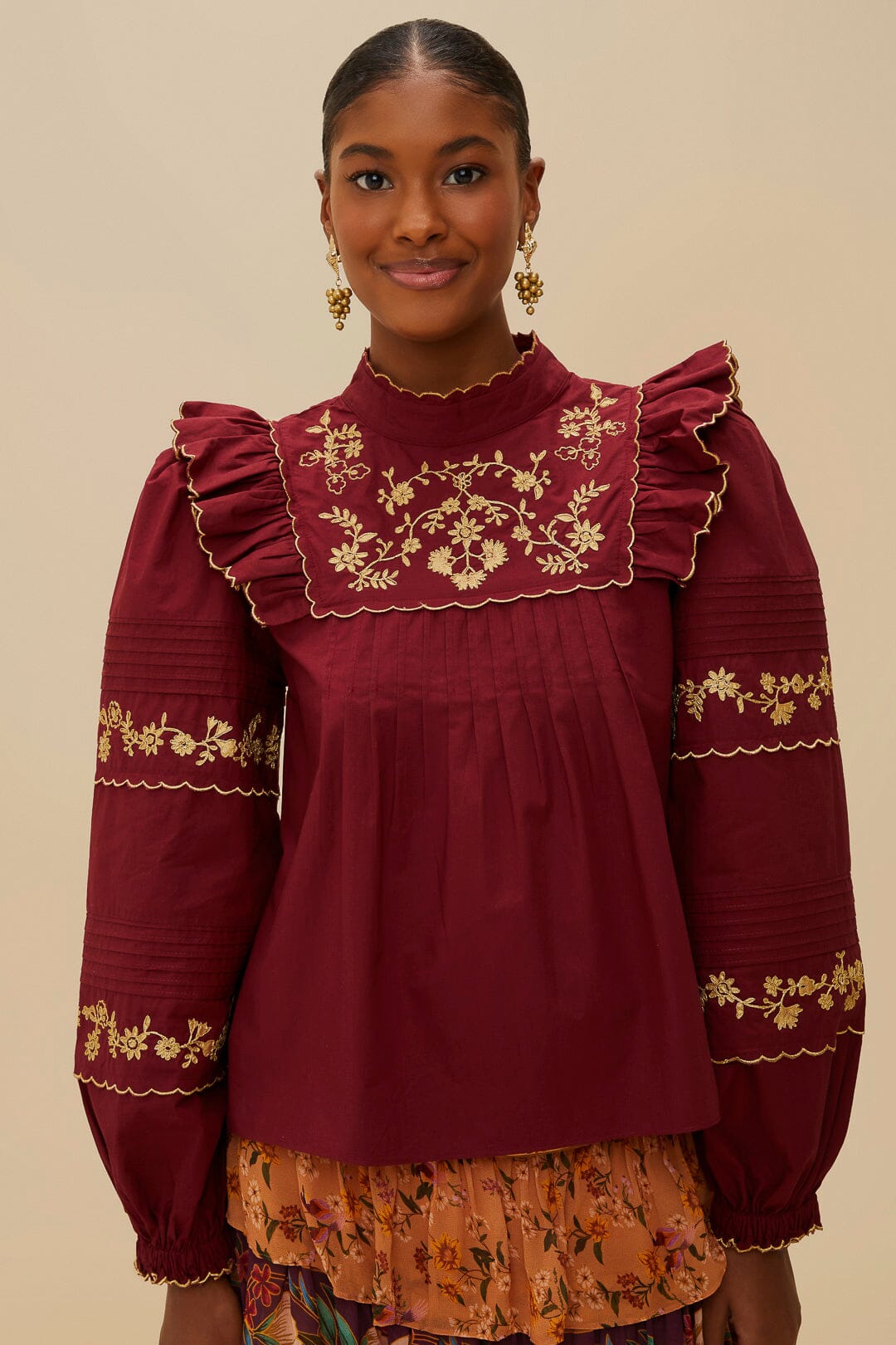 Burgundy Golden Embroidered Organic Cotton Blouse | FARM Rio Women