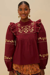 Burgundy Golden Embroidered Organic Cotton Blouse | FARM Rio Women