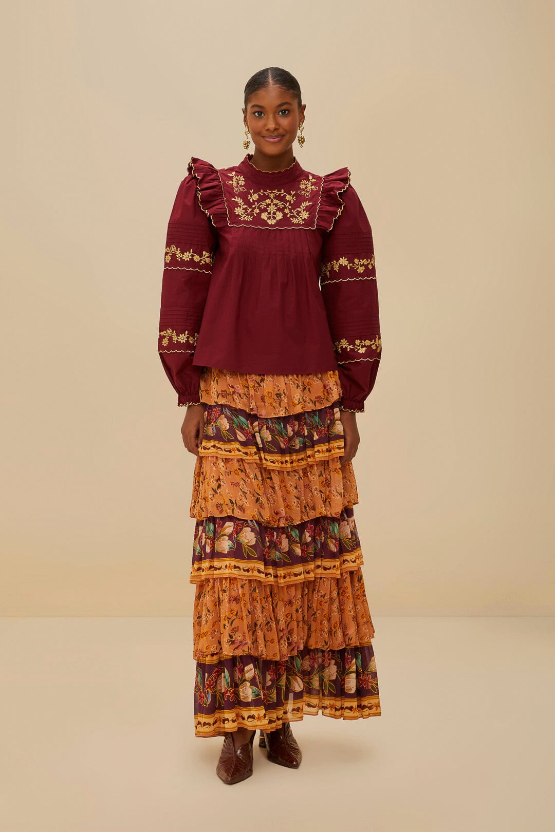 Burgundy Golden Embroidered Organic Cotton Blouse | FARM Rio Women