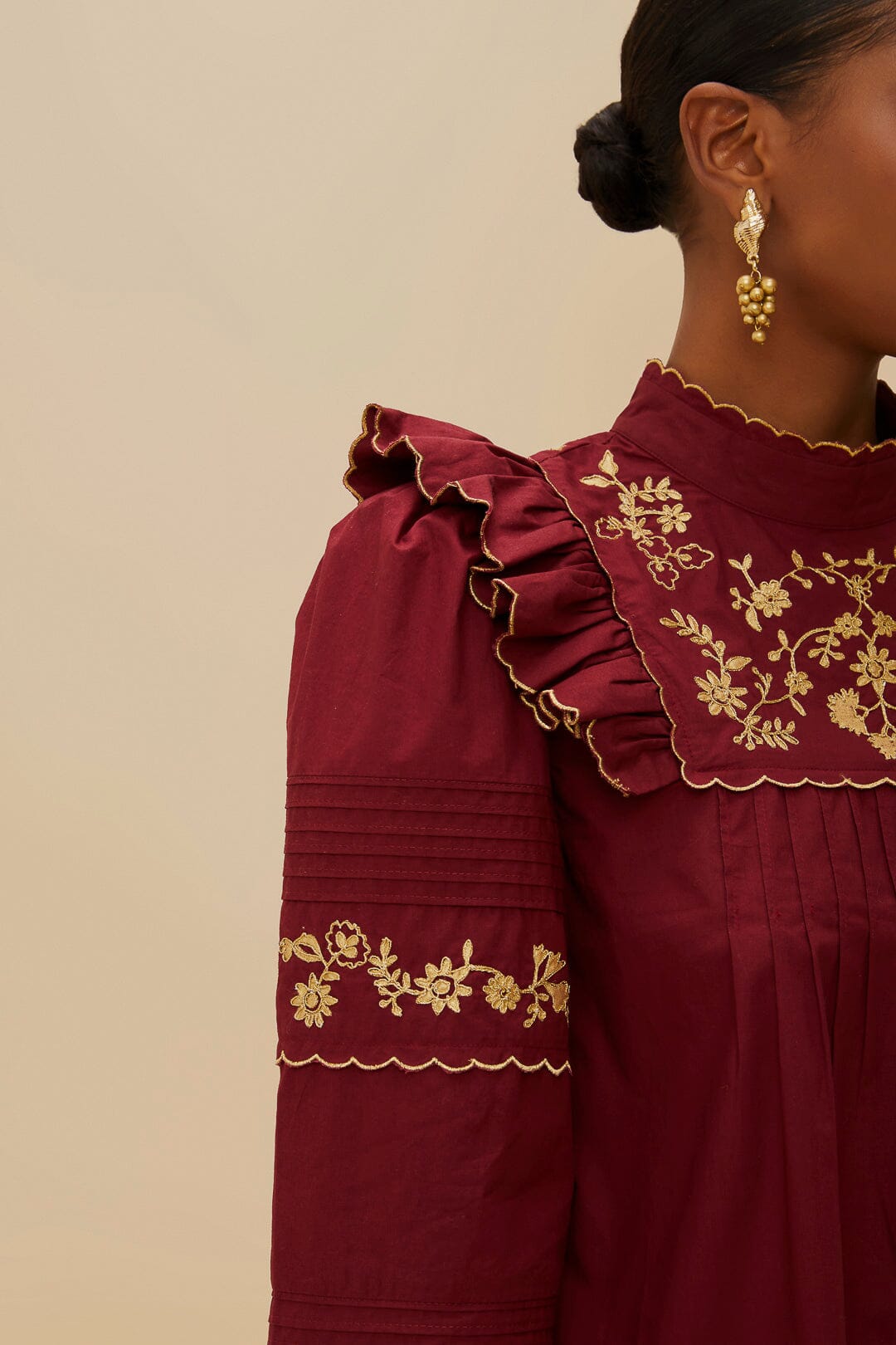 Burgundy Golden Embroidered Organic Cotton Blouse | FARM Rio Women
