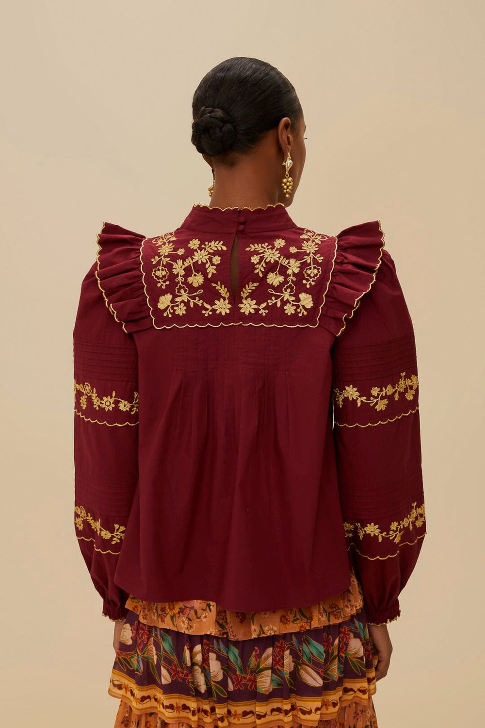 Burgundy Golden Embroidered Organic Cotton Blouse | FARM Rio Women