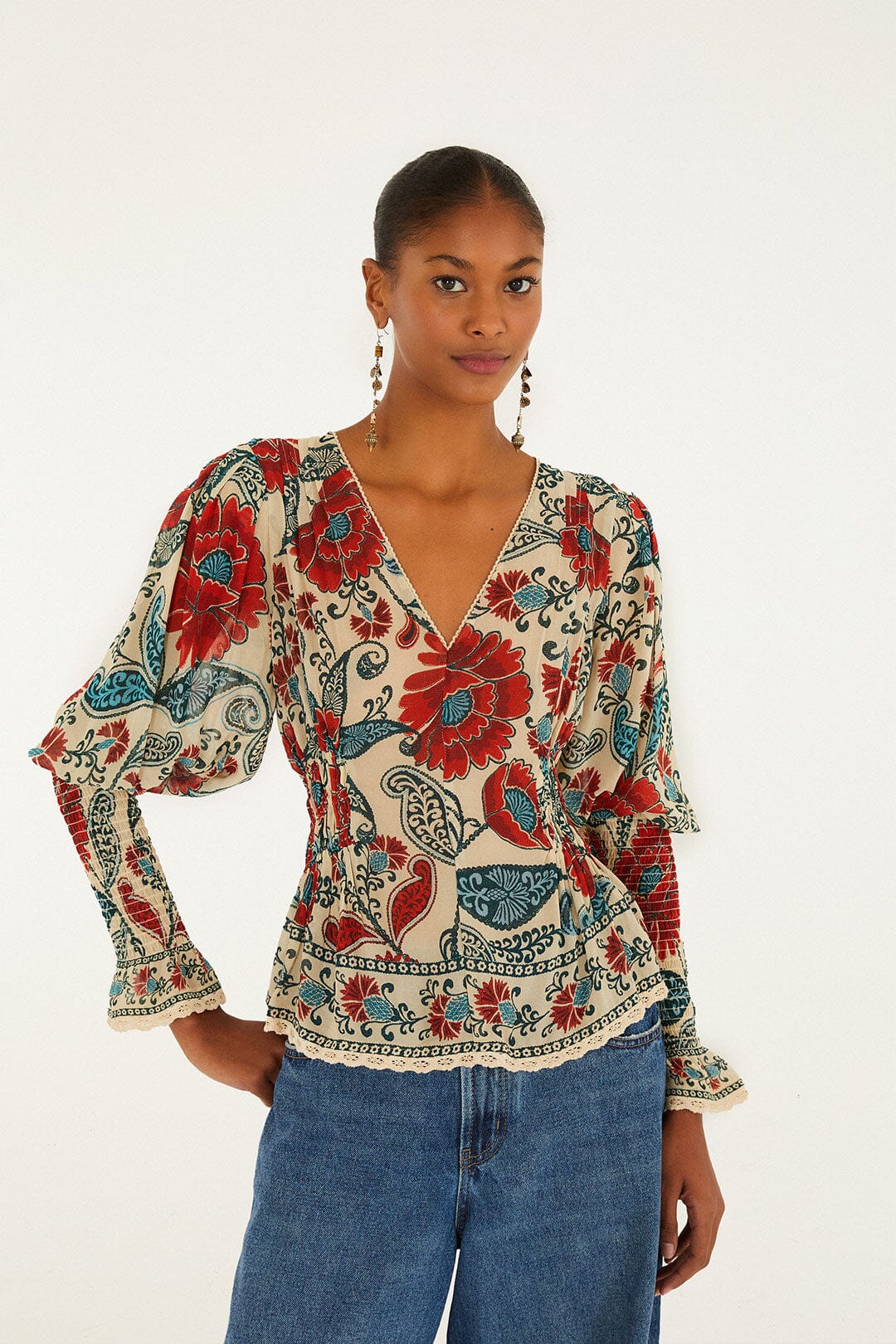Sand Francesca Long Sleeve Blouse | FARM Rio | FARM Rio Women