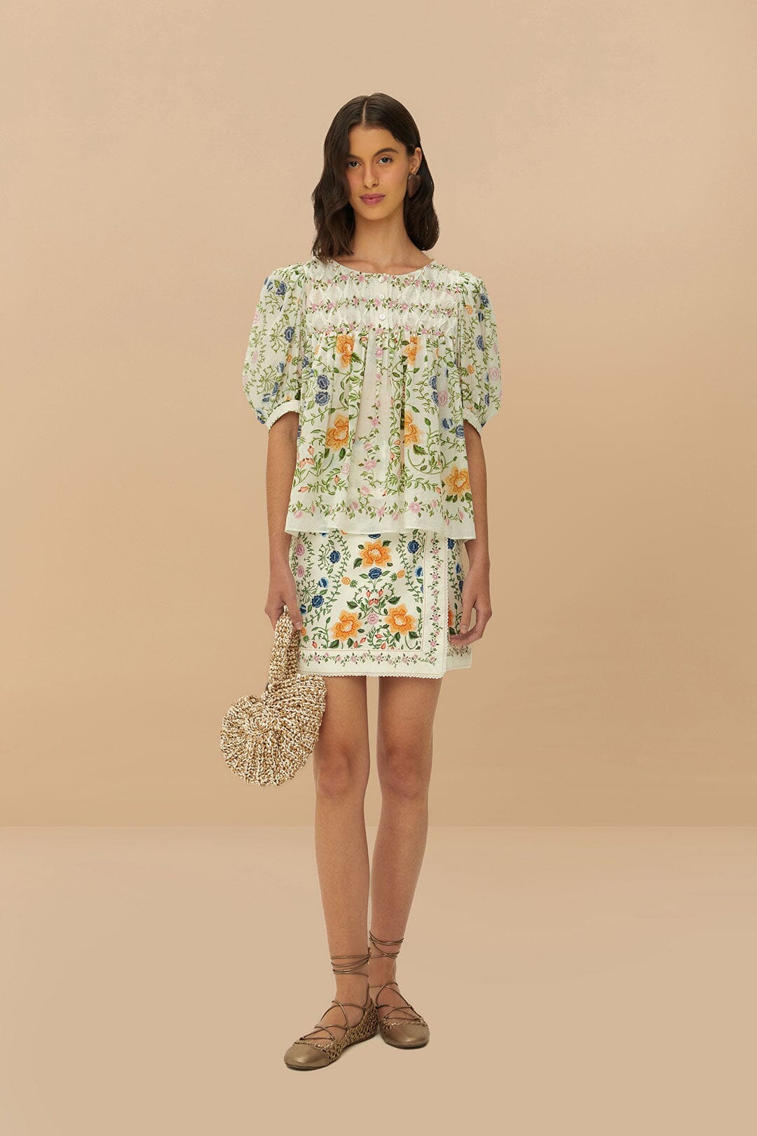 Folk Floral Off-White Scoop Neck Short Sleeve Blouse | FARM Rio Women