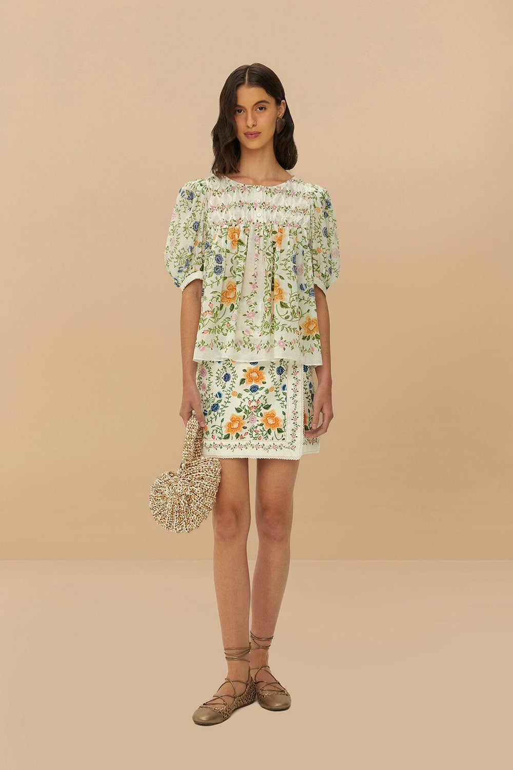 Folk Floral Off-White Scoop Neck Short Sleeve Blouse | FARM Rio Women