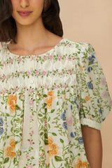 Folk Floral Off-White Scoop Neck Short Sleeve Blouse | FARM Rio Women