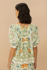Folk Floral Off-White Scoop Neck Short Sleeve Blouse | FARM Rio Women
