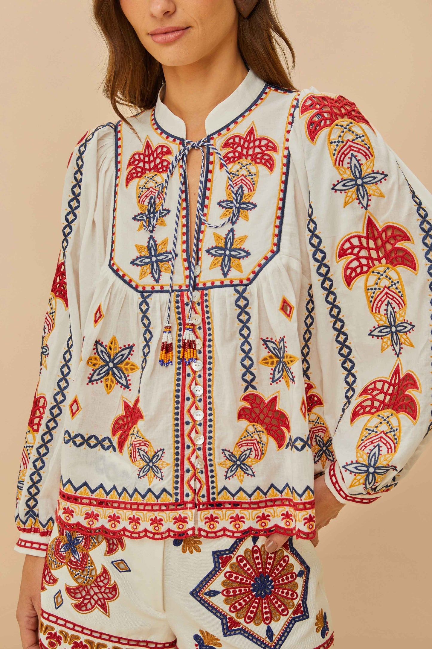 Off-White Marys Tiles Embroidered Blouse | FARM Rio Women