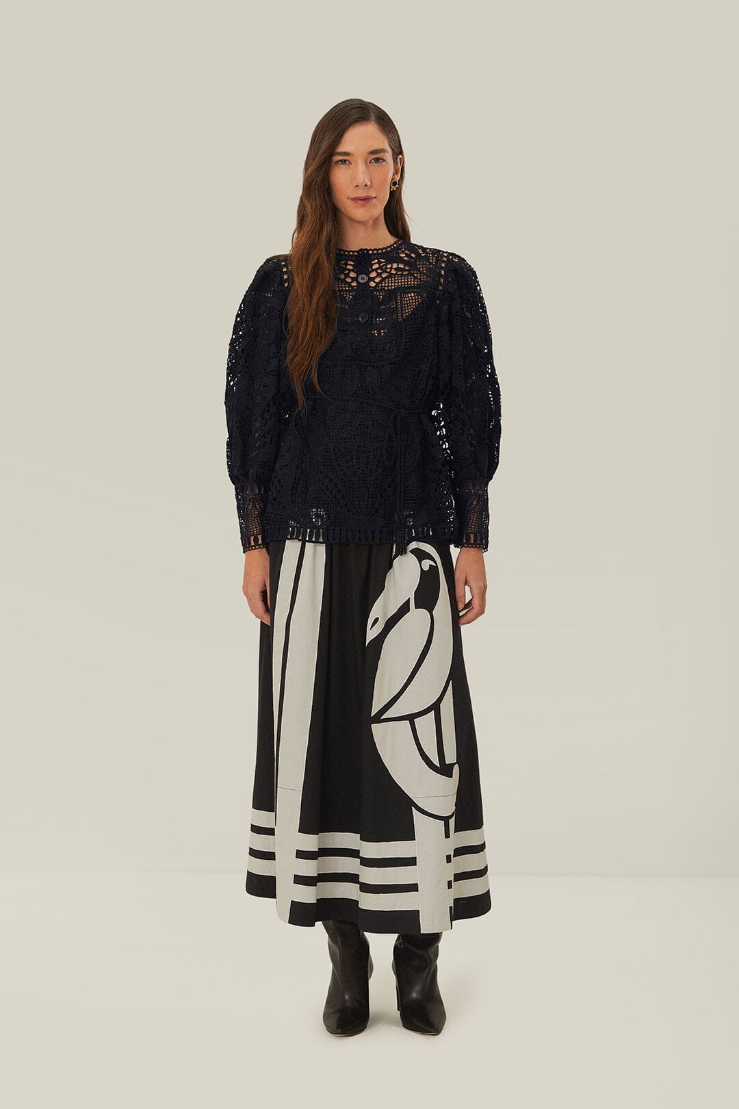 Black Guipire Puff Sleeve Blouse | FARM Rio Women