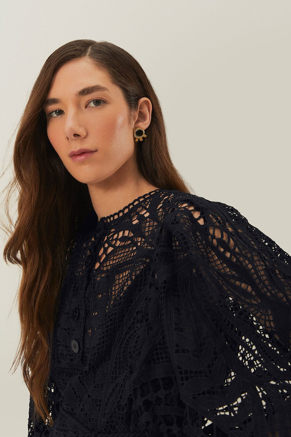 Black Guipire Puff Sleeve Blouse | FARM Rio Women