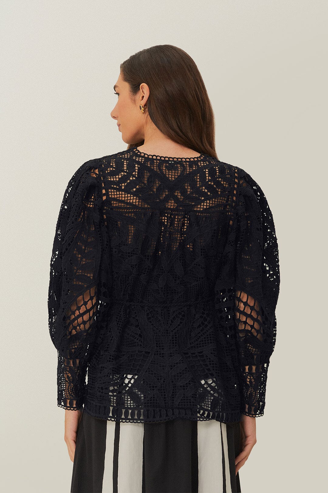 Black Guipire Puff Sleeve Blouse | FARM Rio Women
