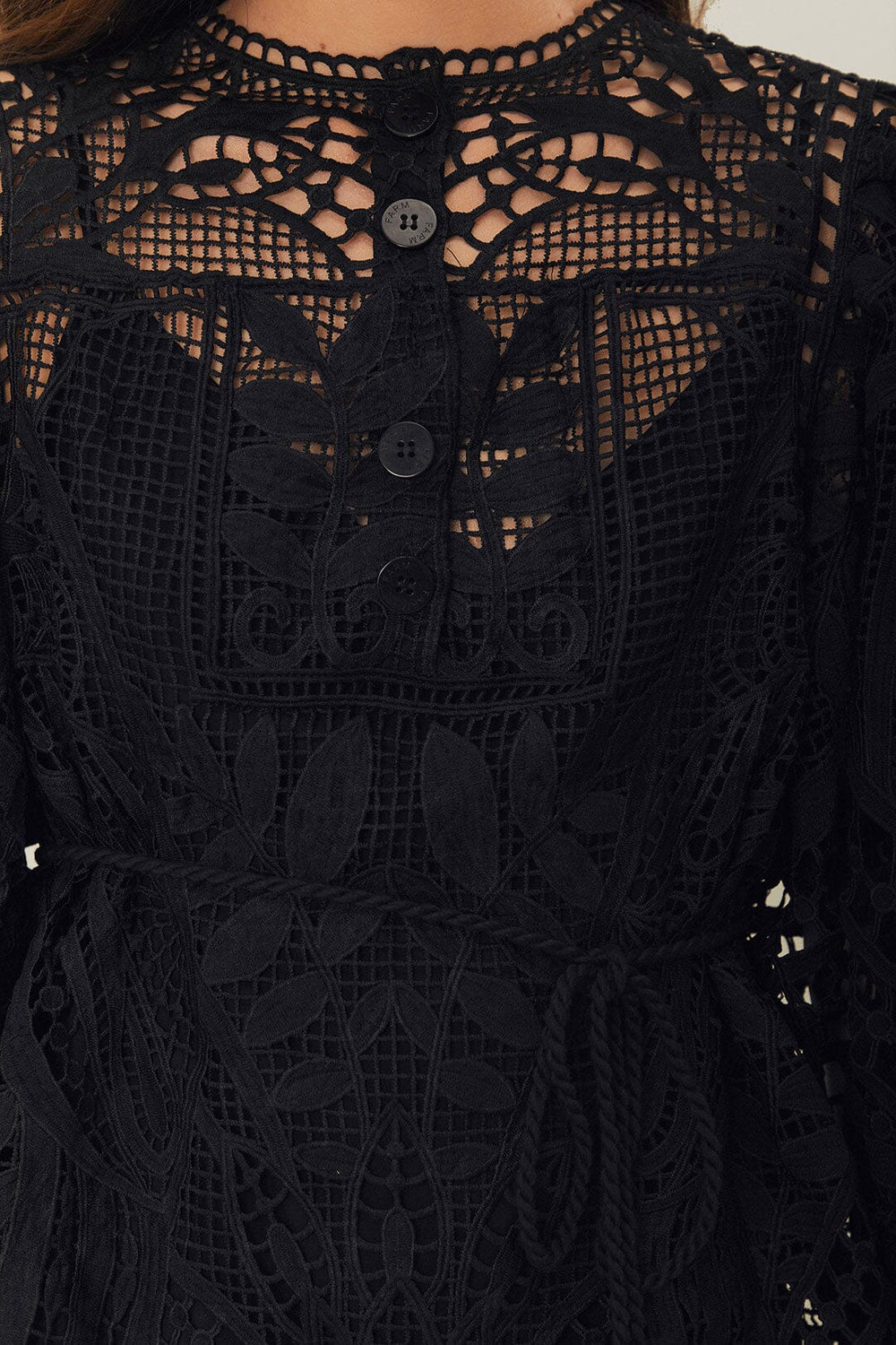 Black Guipire Puff Sleeve Blouse | FARM Rio Women