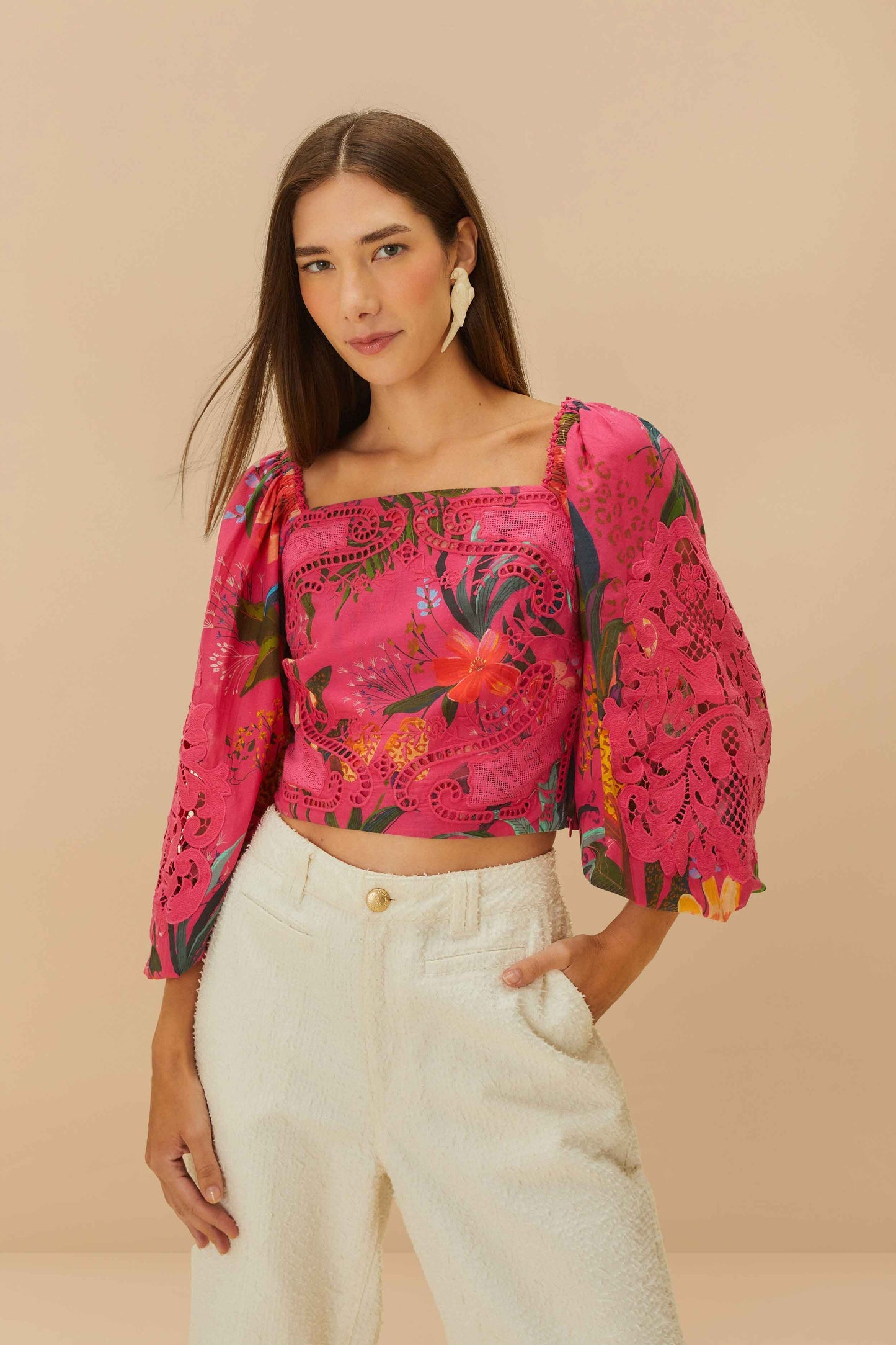 Pink Leopard Flowers Lace Blouse | FARM Rio Women