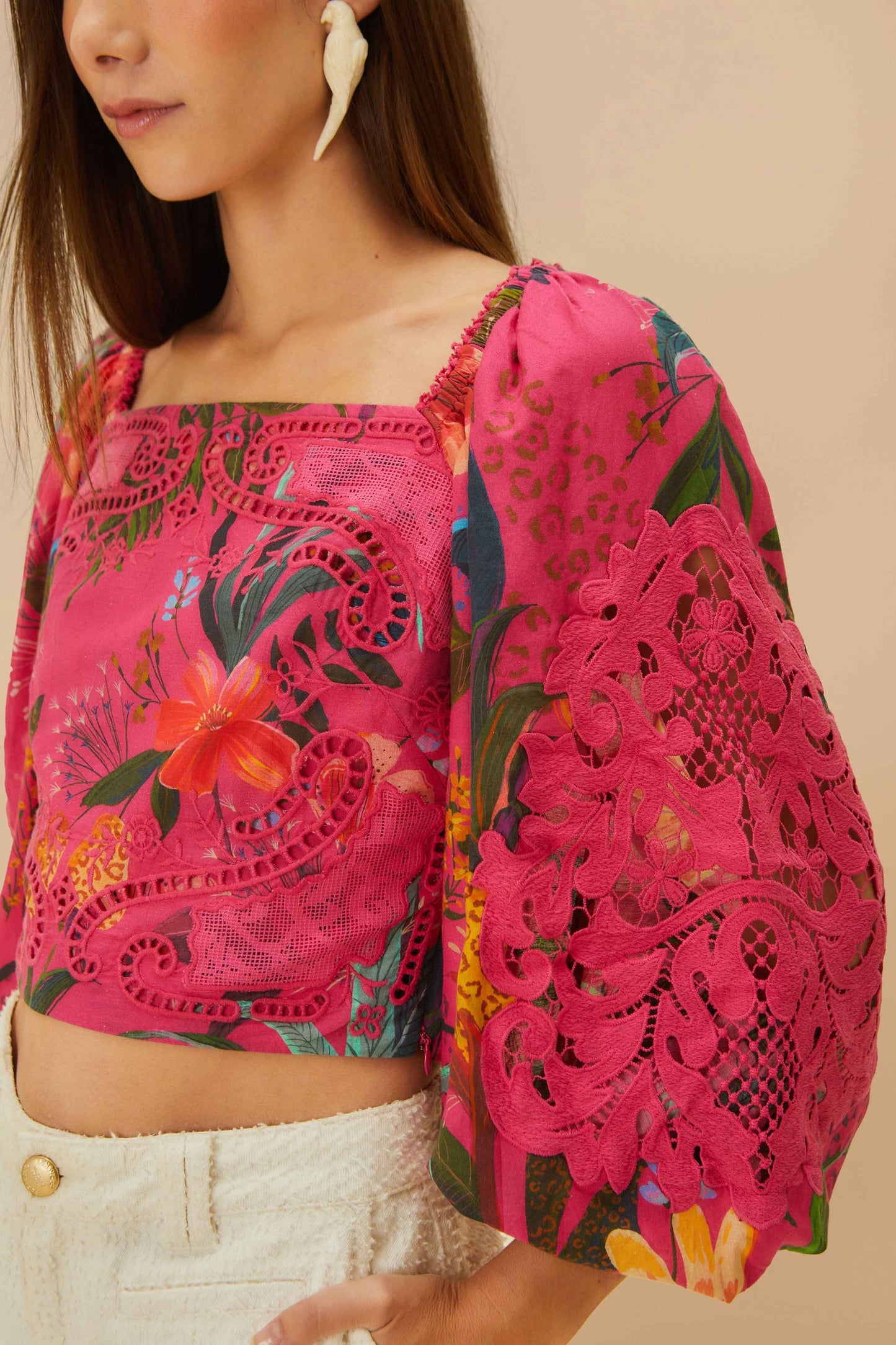 Pink Leopard Flowers Lace Blouse | FARM Rio Women