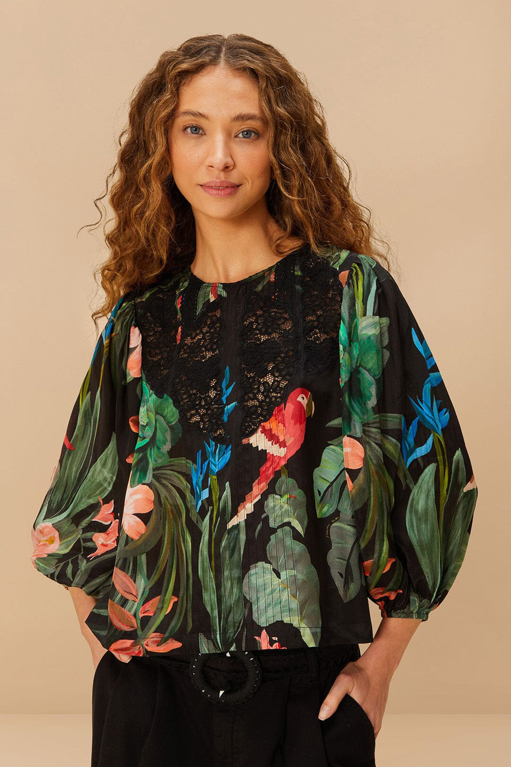 Midnight Macaw Fiesta Black Blouse | FARM Rio Women