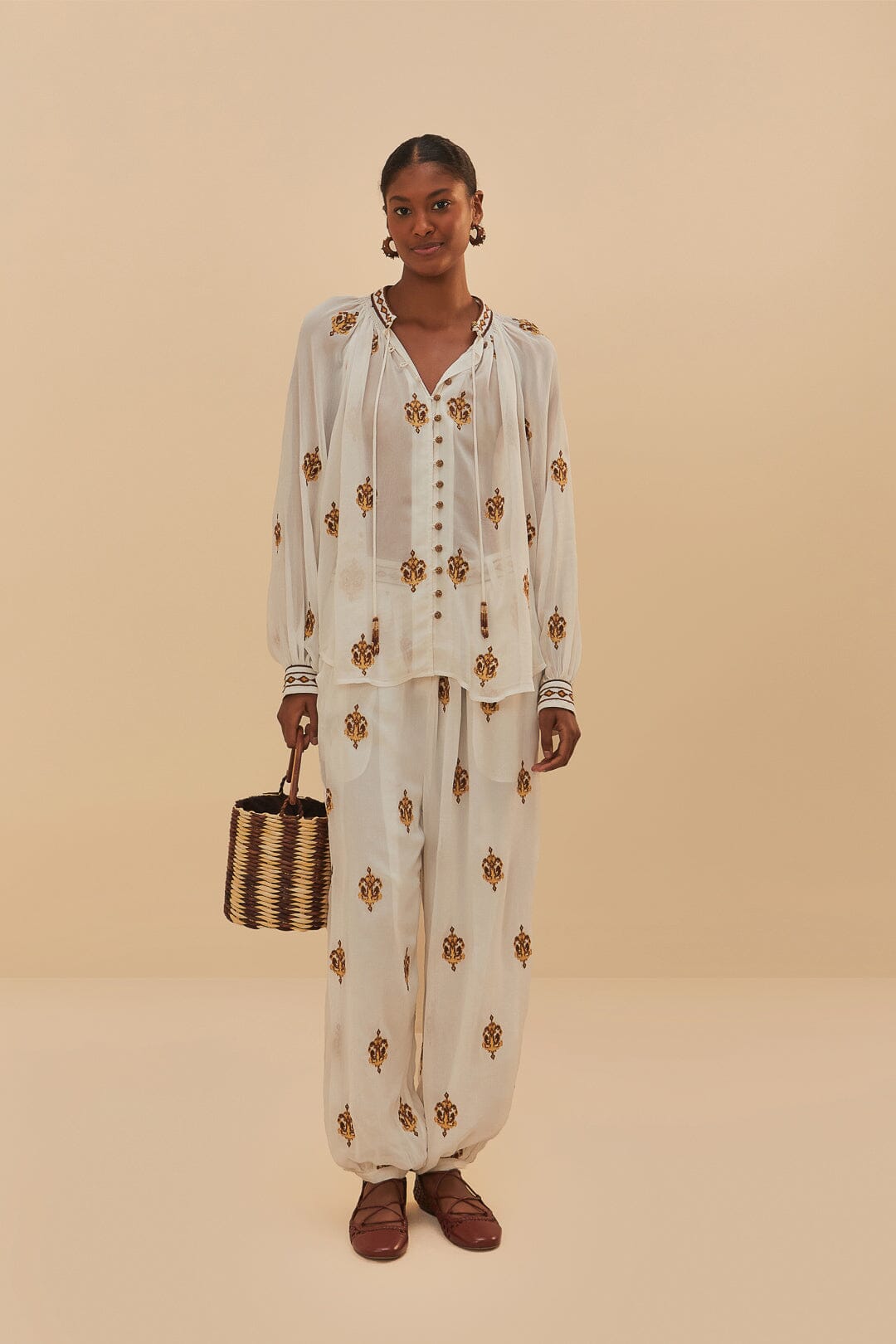 Off-White Anchor Tapestry Embroidered Long Sleeve Blouse | FARM Rio Women