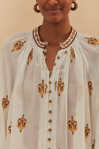 Off-White Anchor Tapestry Embroidered Long Sleeve Blouse | FARM Rio Women