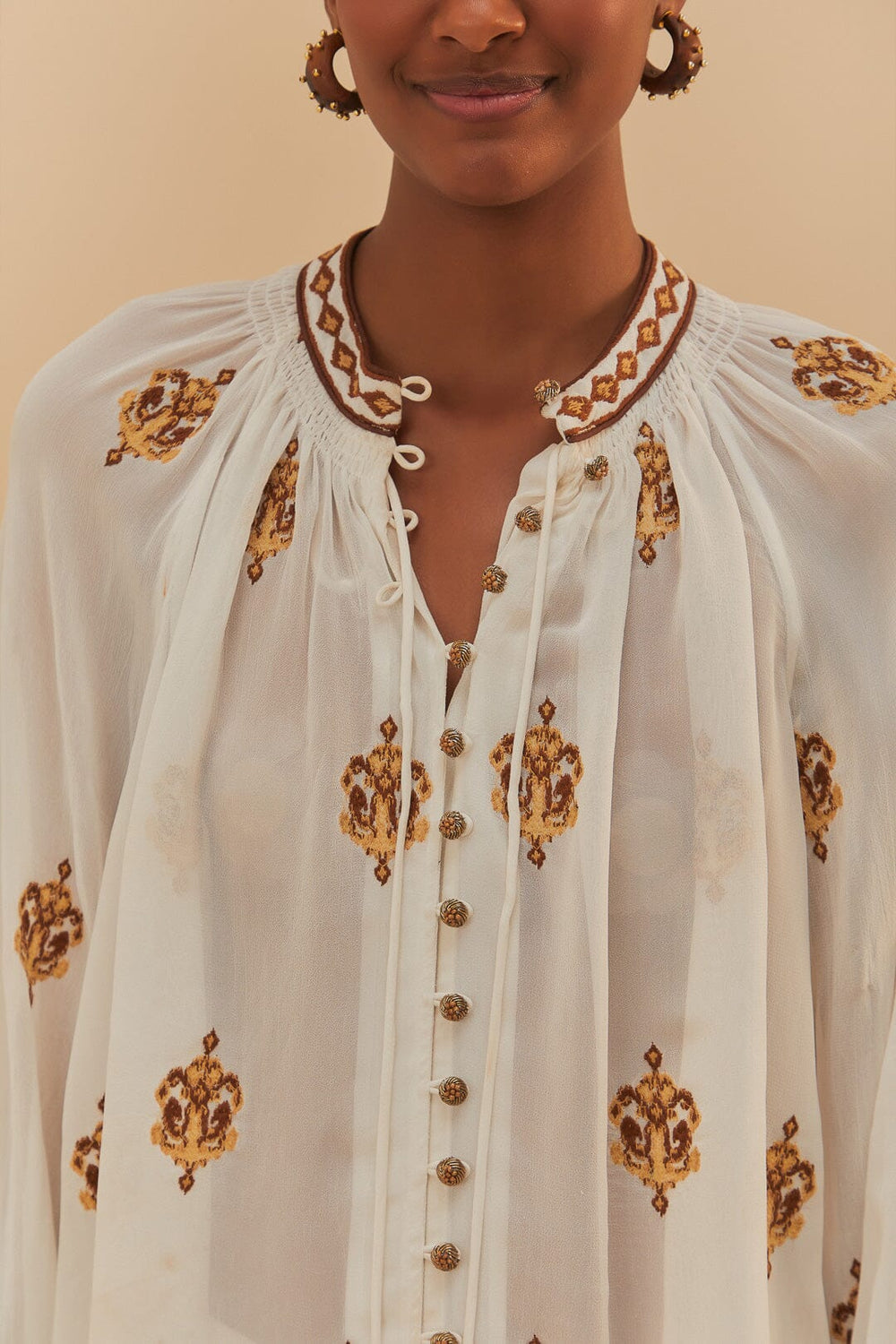 Off-White Anchor Tapestry Embroidered Long Sleeve Blouse | FARM Rio Women