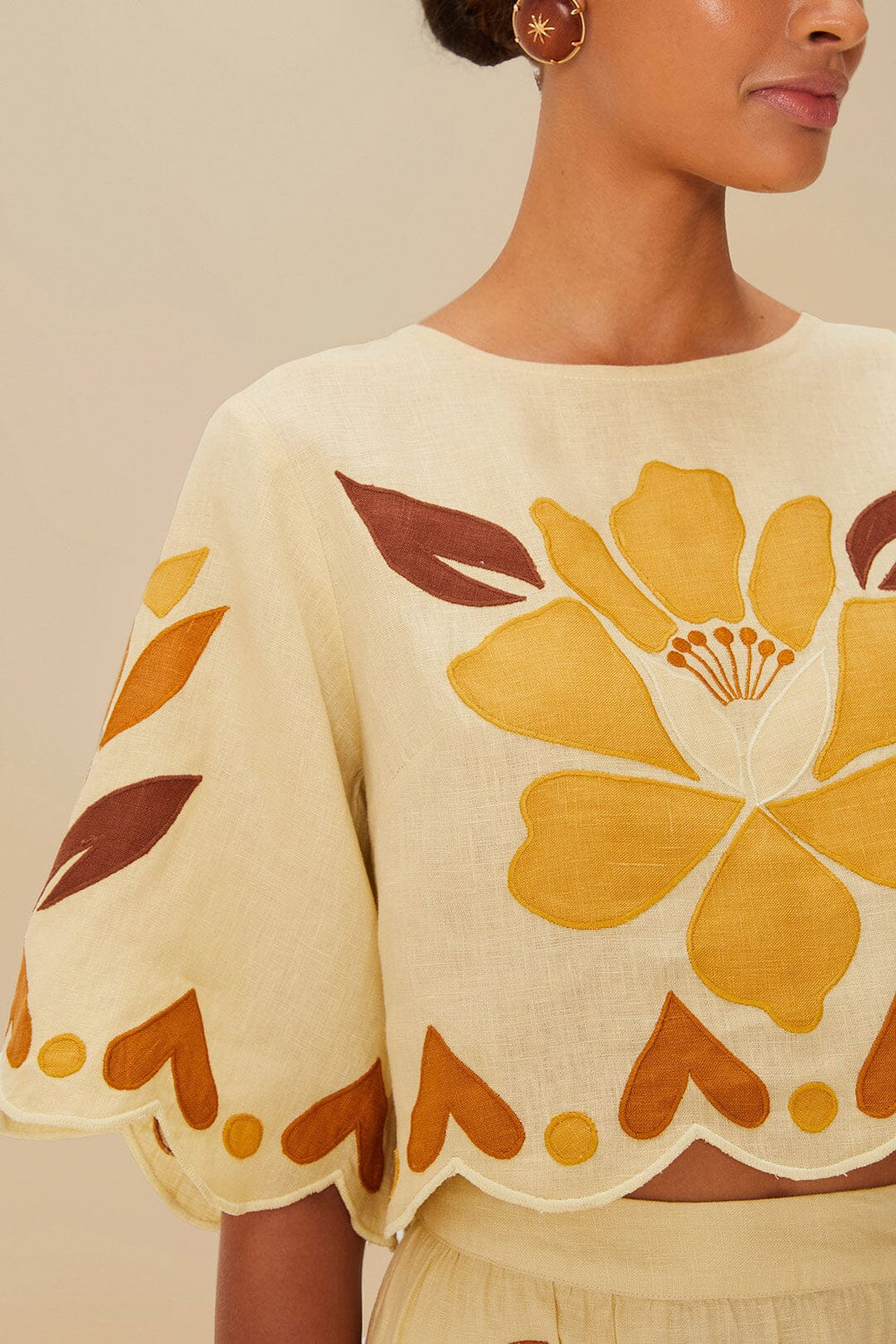 Sand Summer Cutwork Euroflax™ Premium Linen Blouse | FARM Rio Women