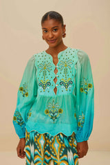 Turquoise Palm Tree Tapestry Blue Wavy Yoke Blouse | FARM Rio Women