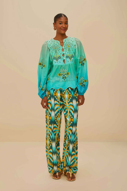 Turquoise Palm Tree Tapestry Blue Wavy Yoke Blouse | FARM Rio Women
