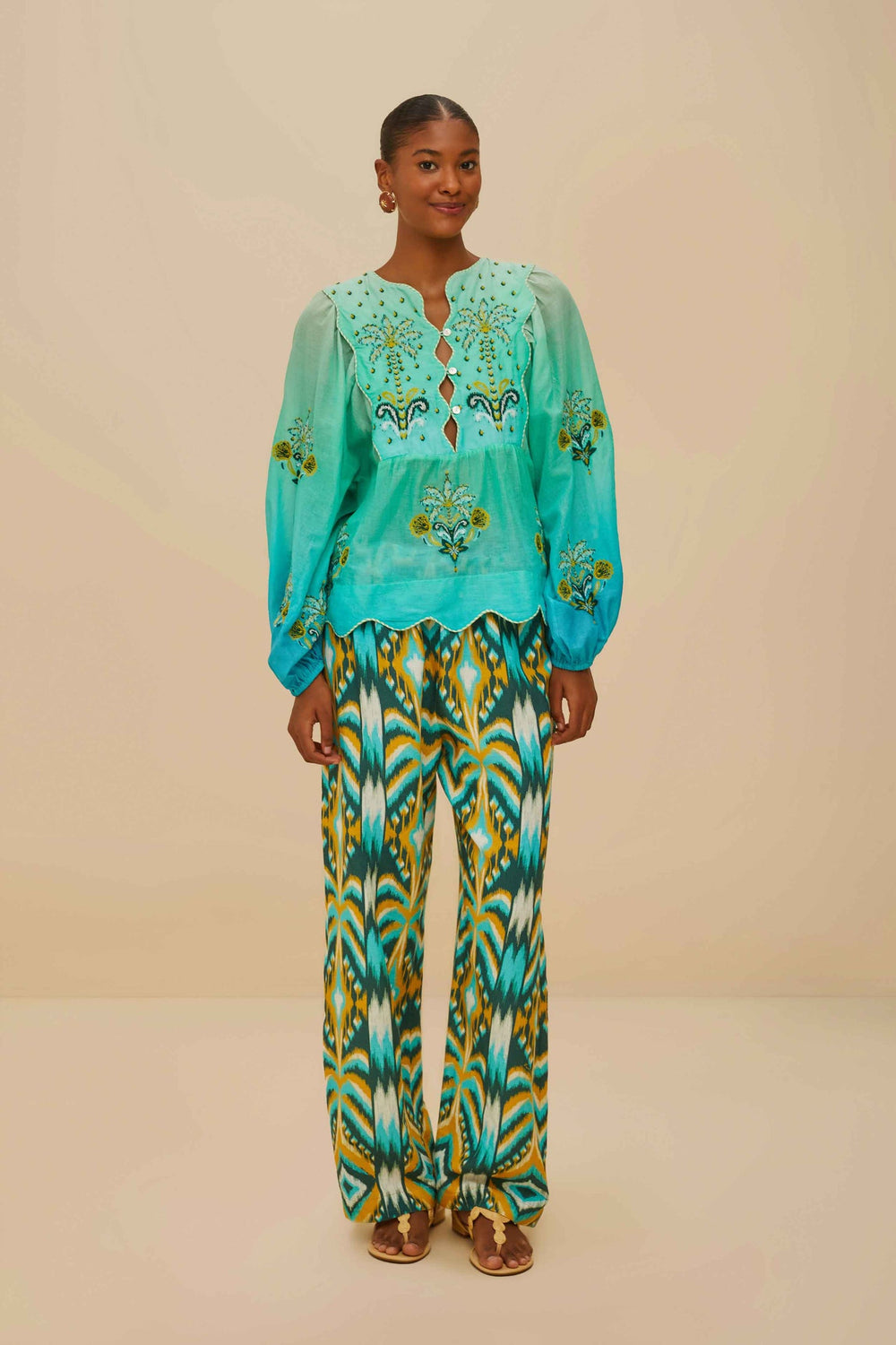 Turquoise Palm Tree Tapestry Blue Wavy Yoke Blouse | FARM Rio Women
