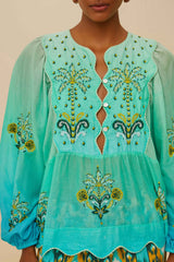 Turquoise Palm Tree Tapestry Blue Wavy Yoke Blouse | FARM Rio Women