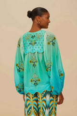 Turquoise Palm Tree Tapestry Blue Wavy Yoke Blouse | FARM Rio Women