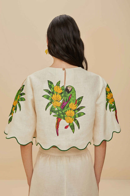 Off-White Maracana Bird Euroflax™ Premium Linen Blouse | FARM Rio Women