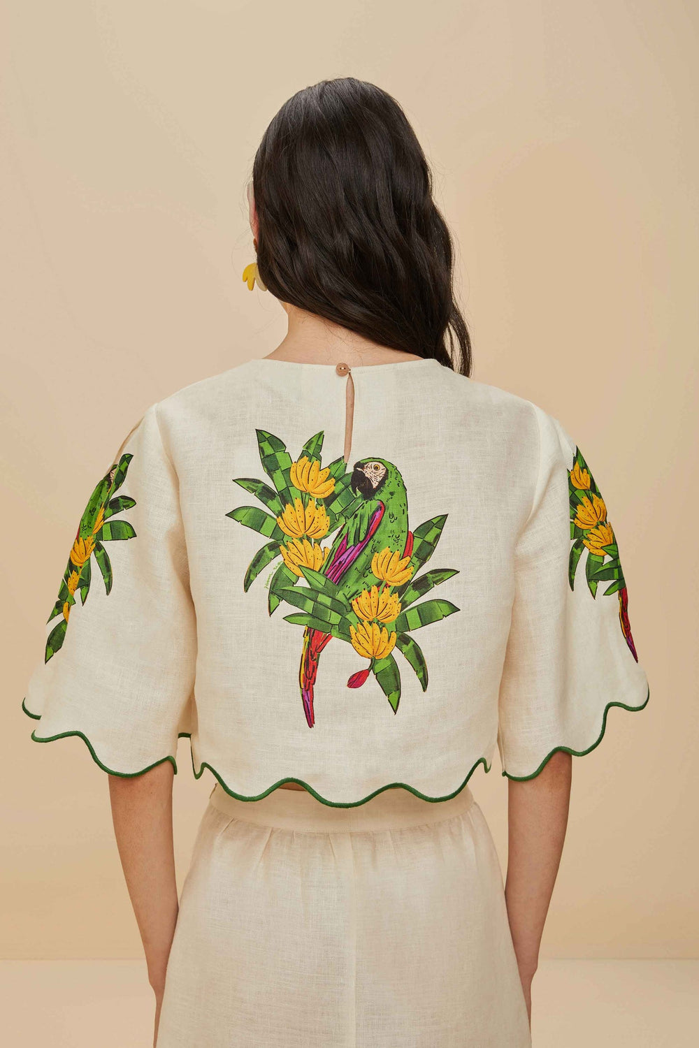 Off-White Maracana Bird Euroflax™ Premium Linen Blouse | FARM Rio Women
