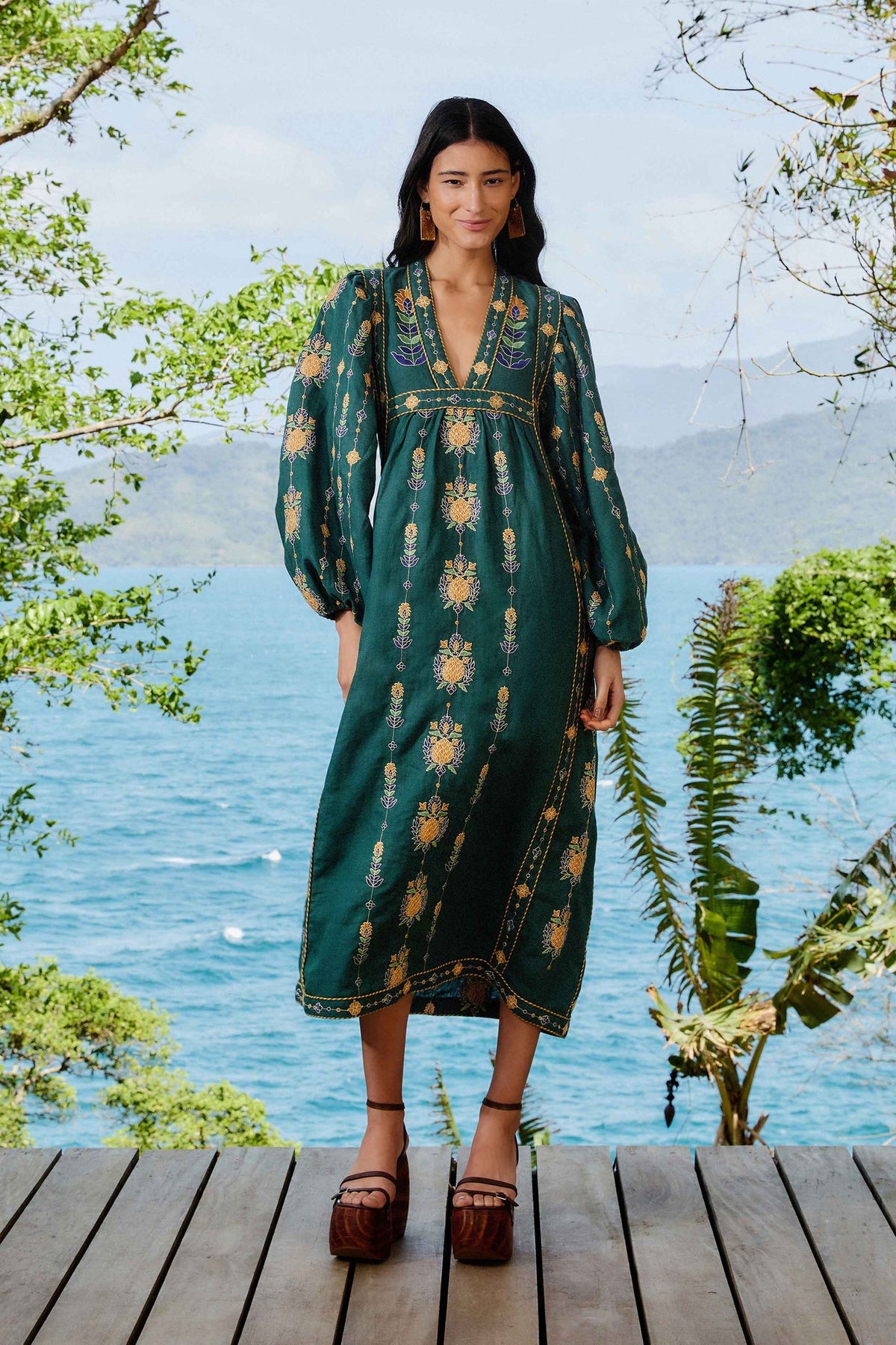 Green Pineapple Embroidered Euroflax™ Premium Linen Tunic Maxi Dress | FARM Rio Women