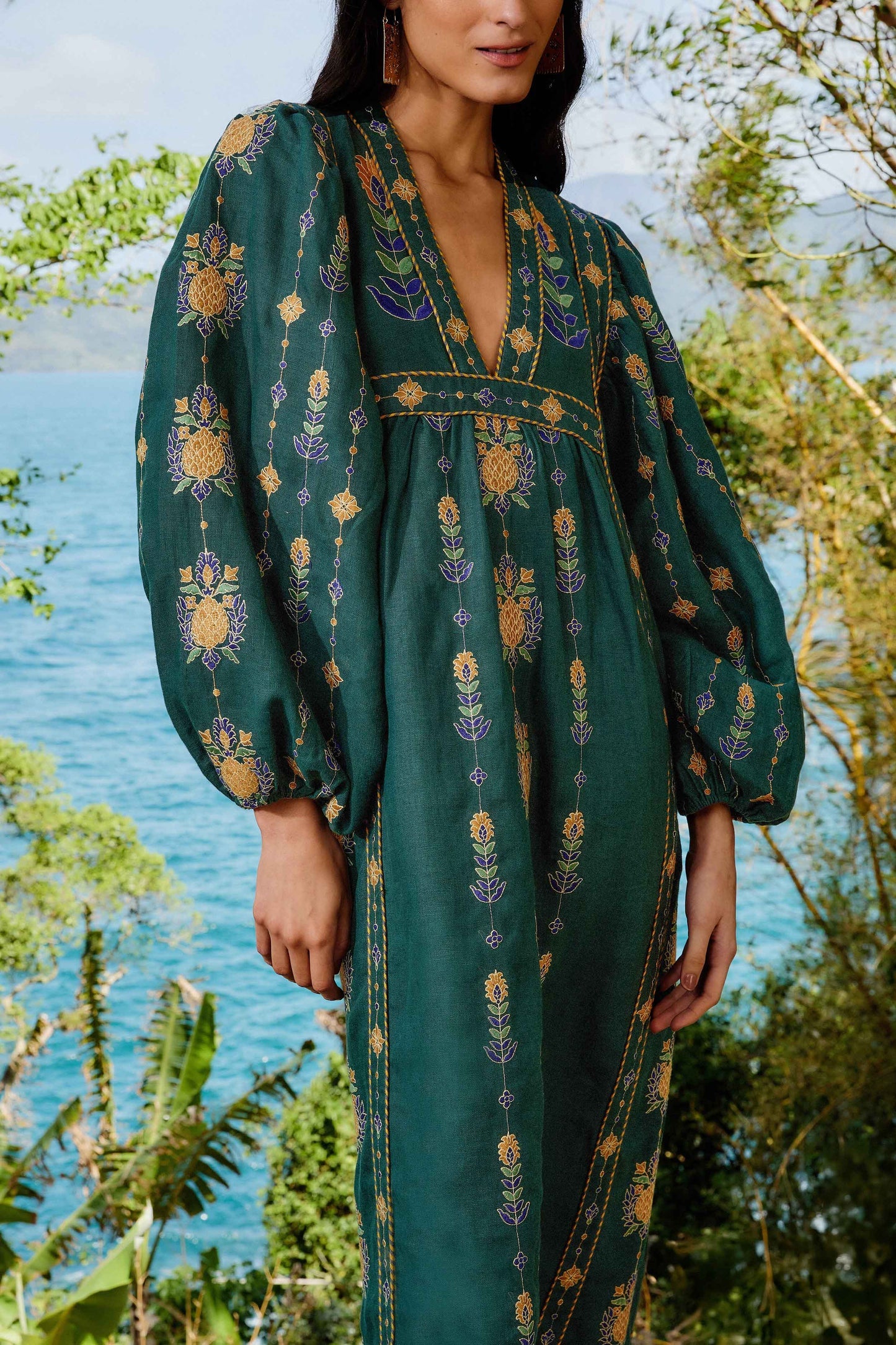 Green Pineapple Embroidered Euroflax™ Premium Linen Tunic Maxi Dress | FARM Rio Women