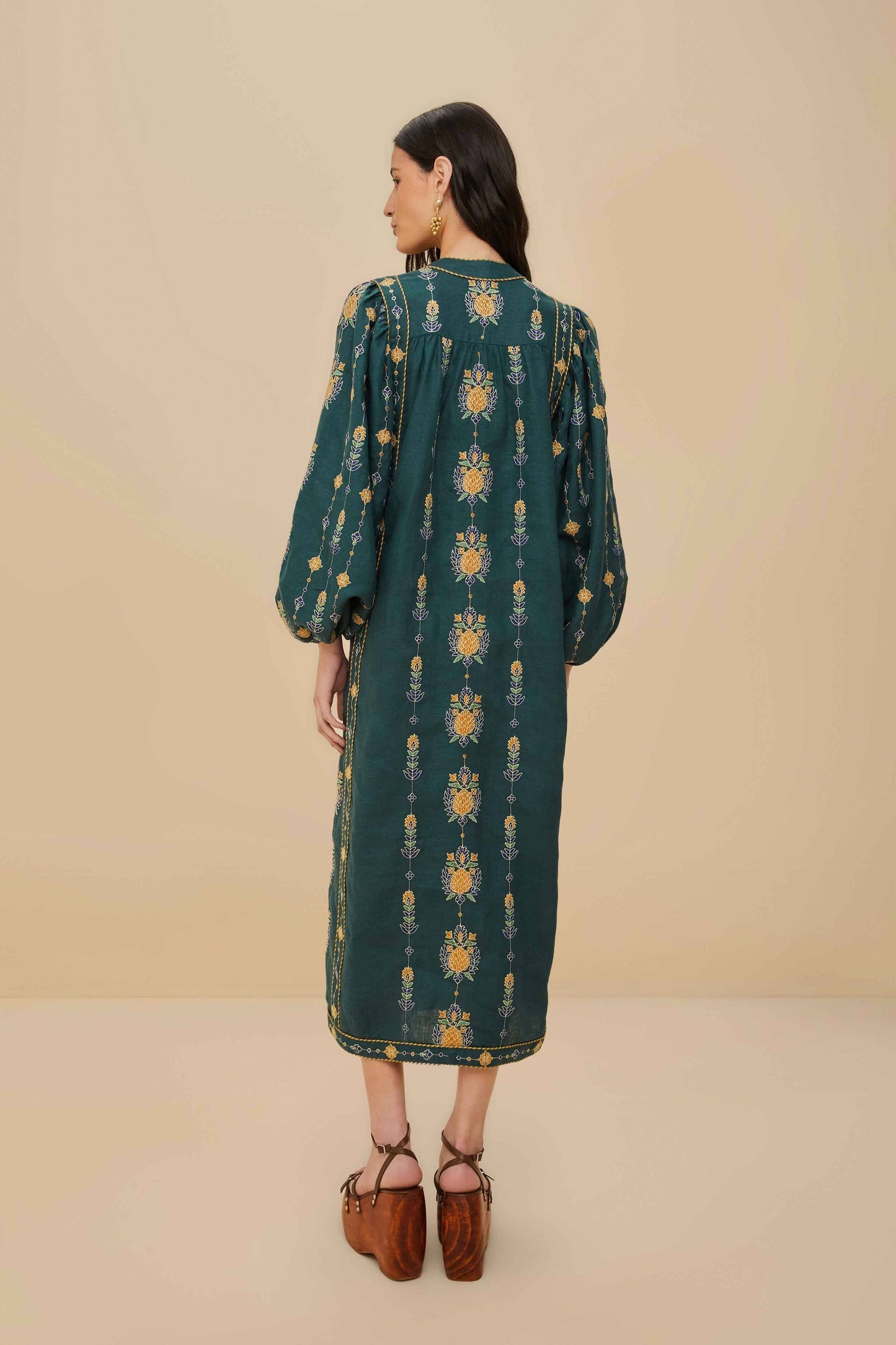 Green Pineapple Embroidered Euroflax™ Premium Linen Tunic Maxi Dress | FARM Rio Women