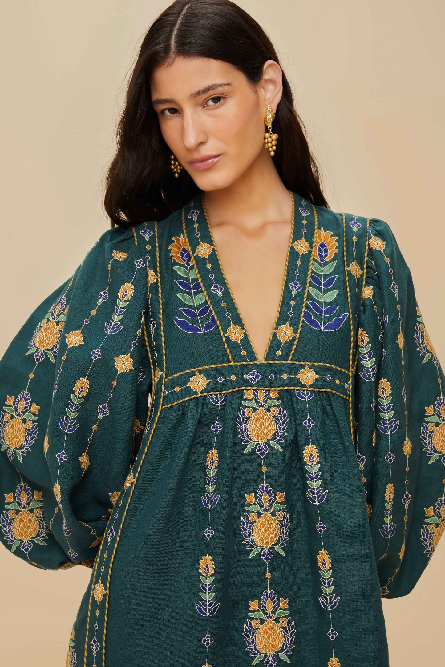 Green Pineapple Embroidered Euroflax™ Premium Linen Tunic Maxi Dress | FARM Rio Women